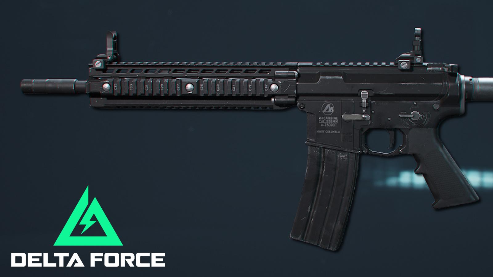 A side profile of the M4A1 assault rifle in Delta Force alongside the game's official logo.