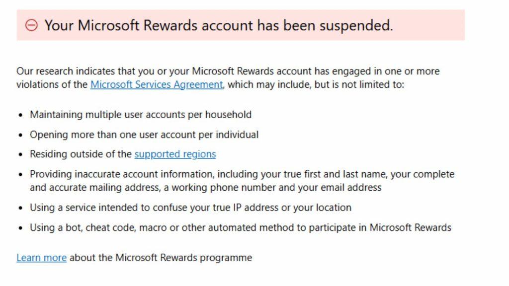 Microsoft rewards suspended