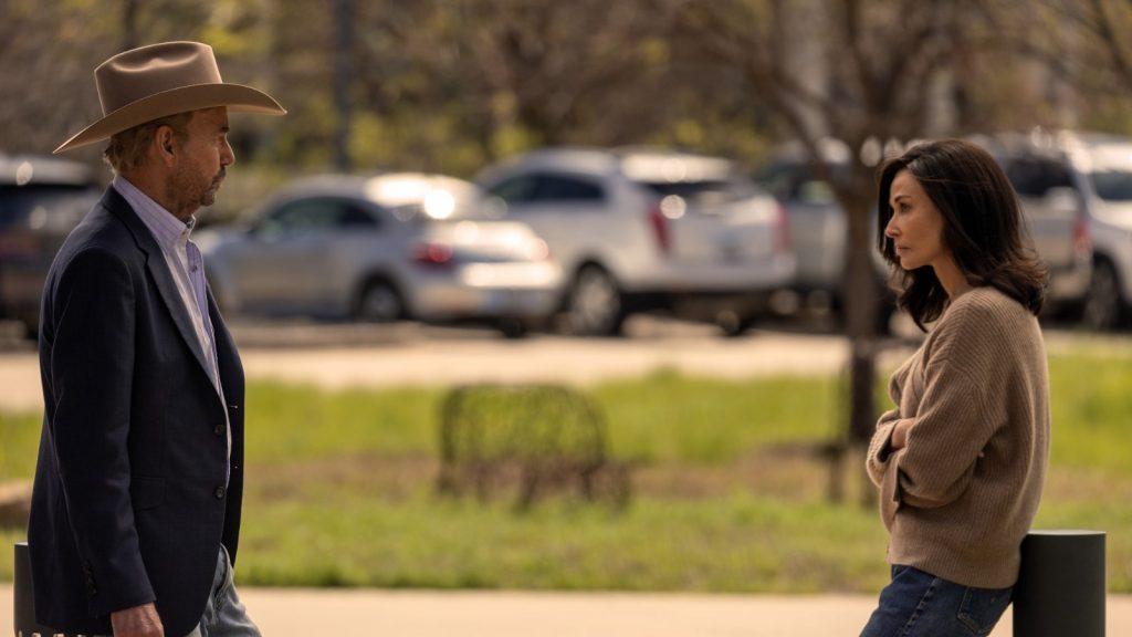 Tommy and Cami talk outside the hospital in Landman