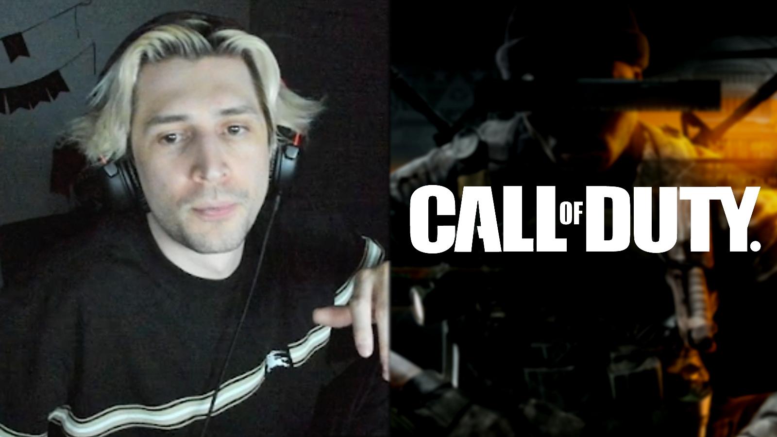 side by side image of xqc and call of duty logo with black ops 6 background