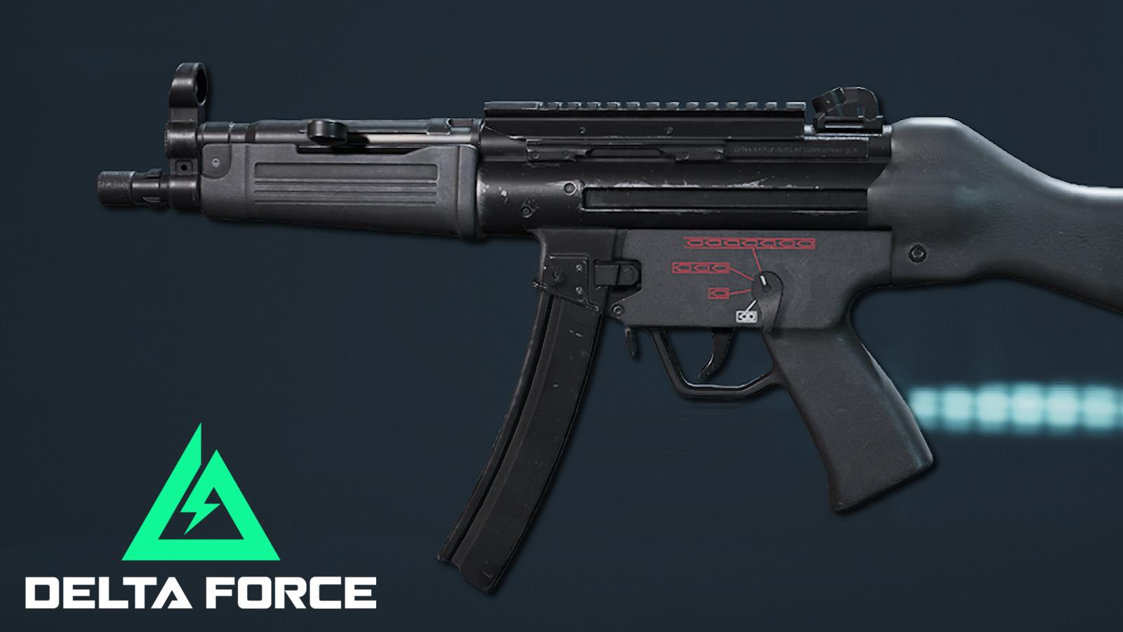 A side profile of the MP5 next to Delta Force's logo.