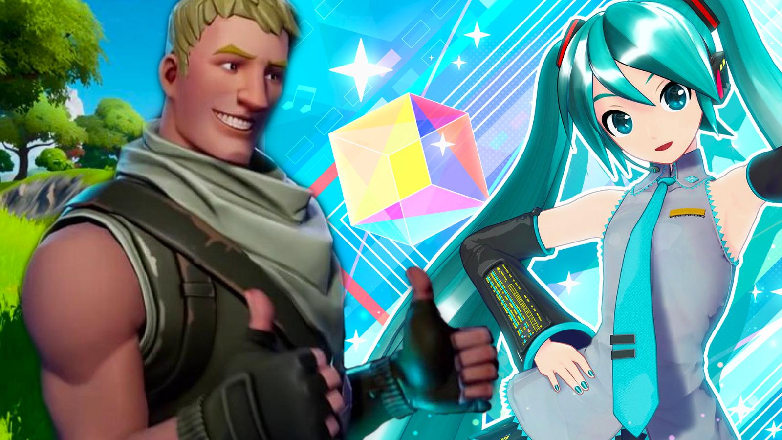 Fortnite Jonesy giving a thumbs up to Hatsune Miku who is an upcoming Fortnite skin collab.