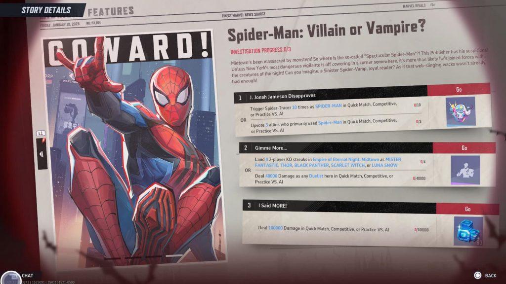 Spiderman's Midnight Rivals missions in Marvel Rivals