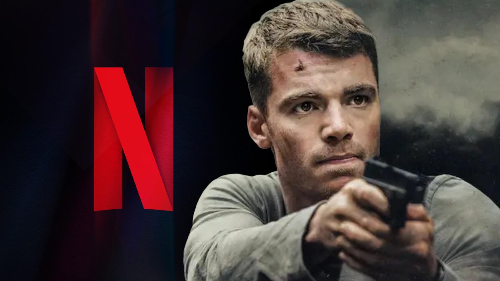 Gabriel Basso in The Night Agent and the Netflix logo