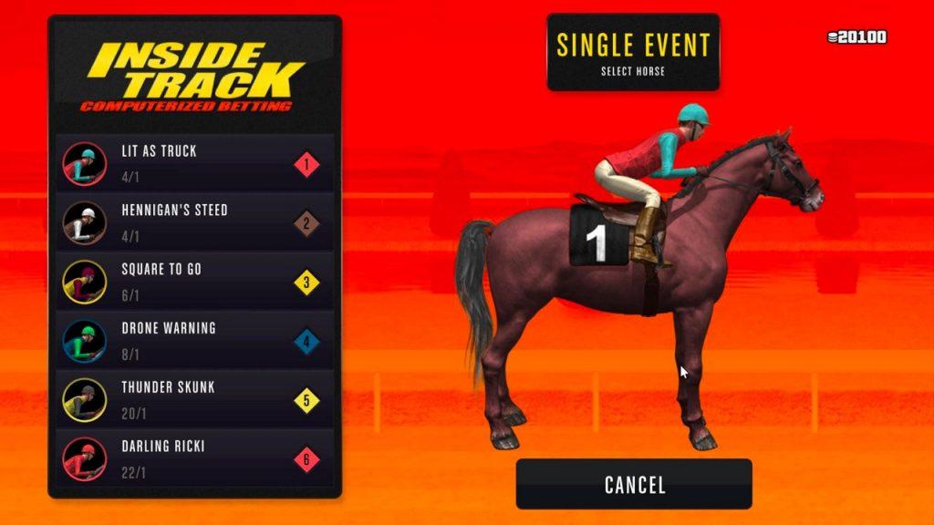 A screenshot of the betting odds screen in the Inside Track GTA Online horse racing game.